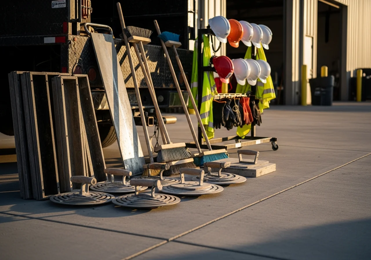 Concrete contractor tools and equipment staged on a job site, showing finishing trowels, safety gear, and preparation materials ready for flatwork installation.