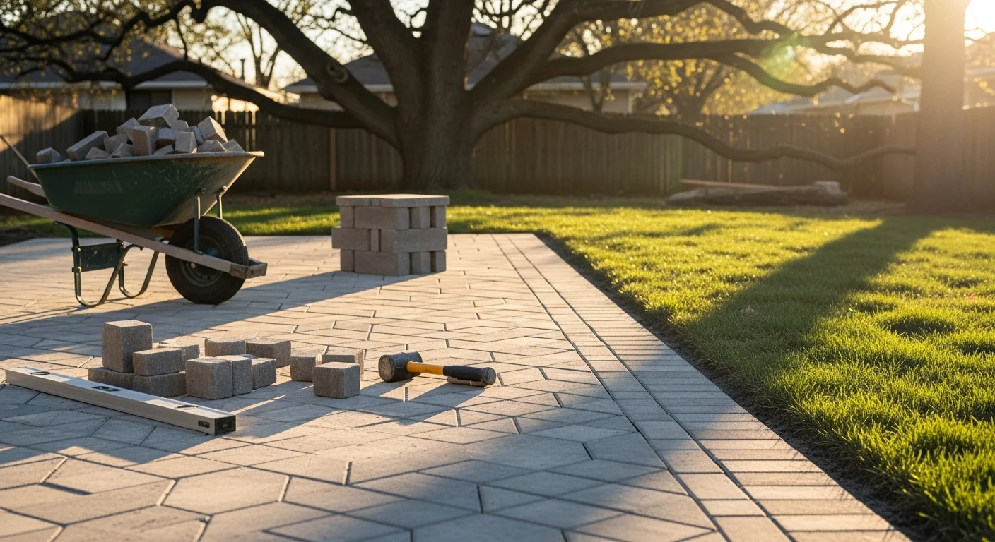 Installed paver patio with retaining wall in residential landscape