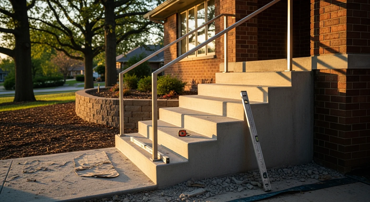 Concrete steps with metal hand railing installed on residential home