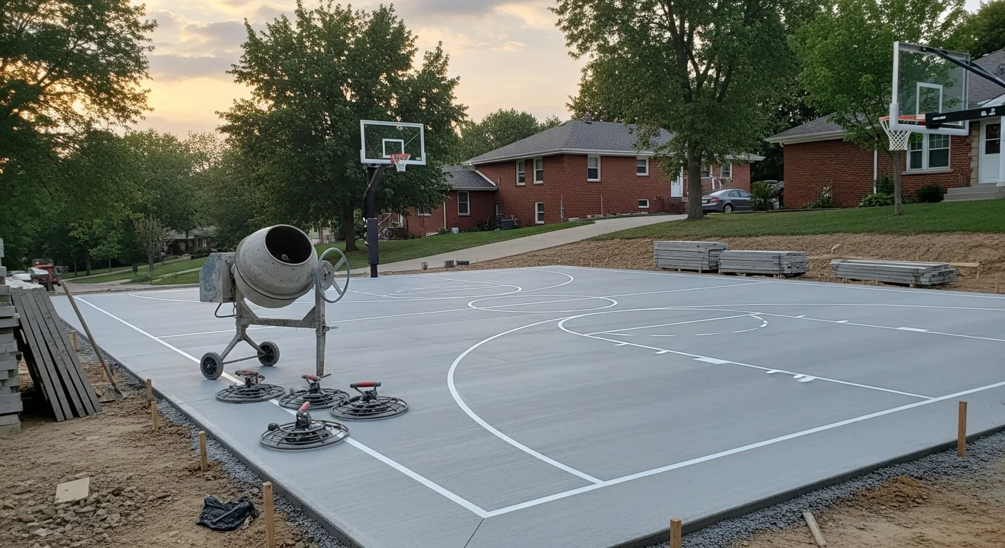 Finished concrete basketball court with painted lines and proper surface