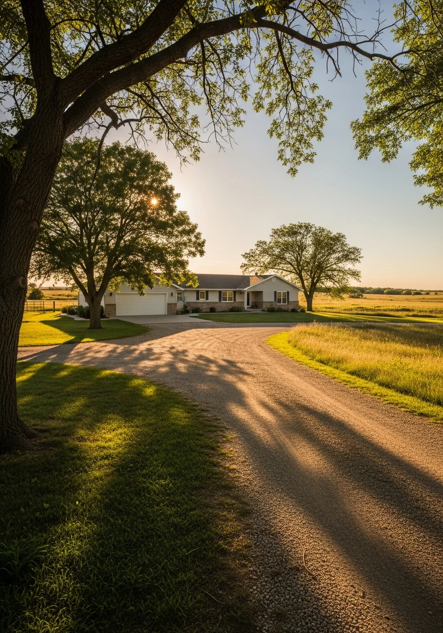 Emerald home showing rural landscape and mature trees.