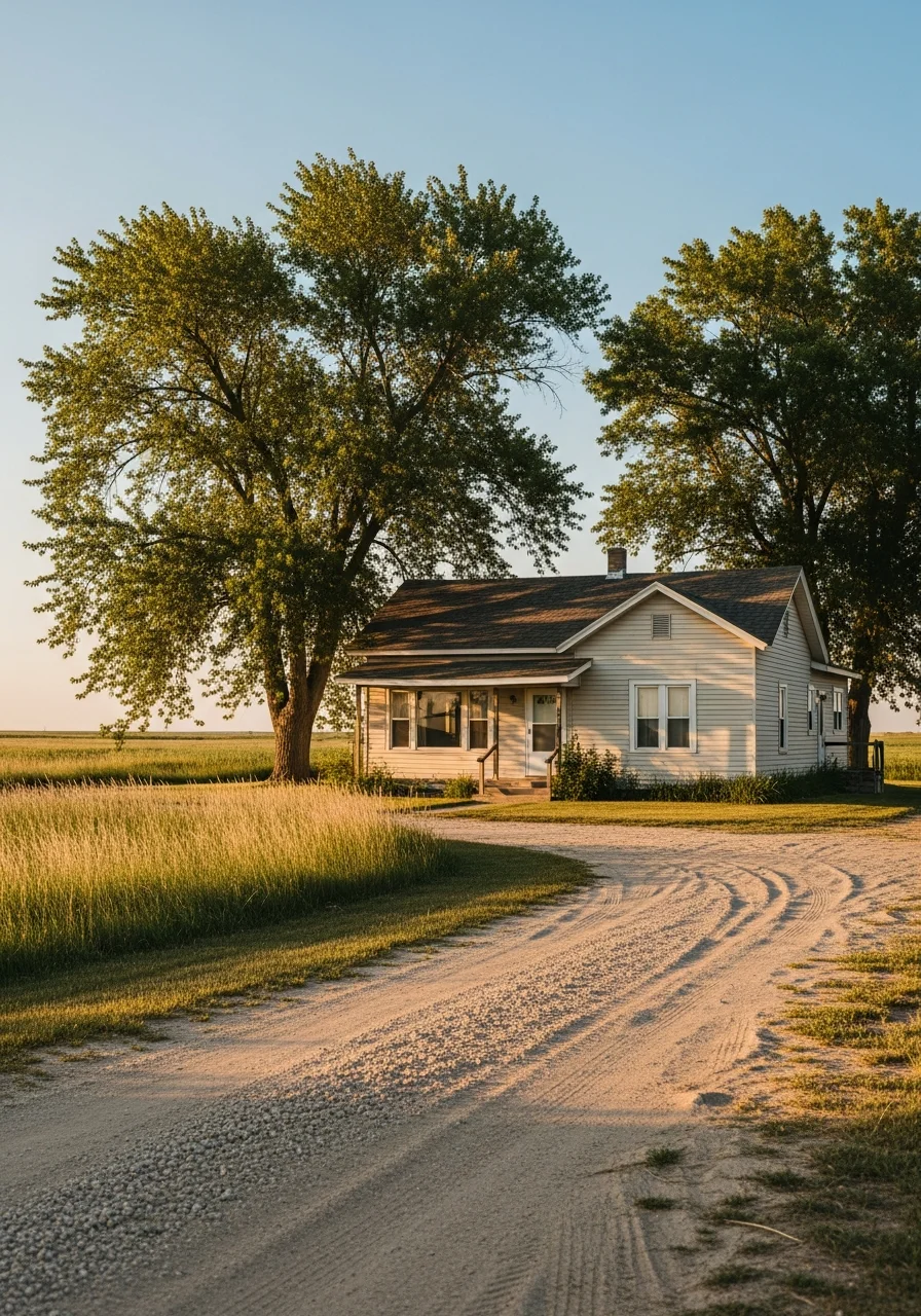 Sprague home in rural setting with open fields and trees.