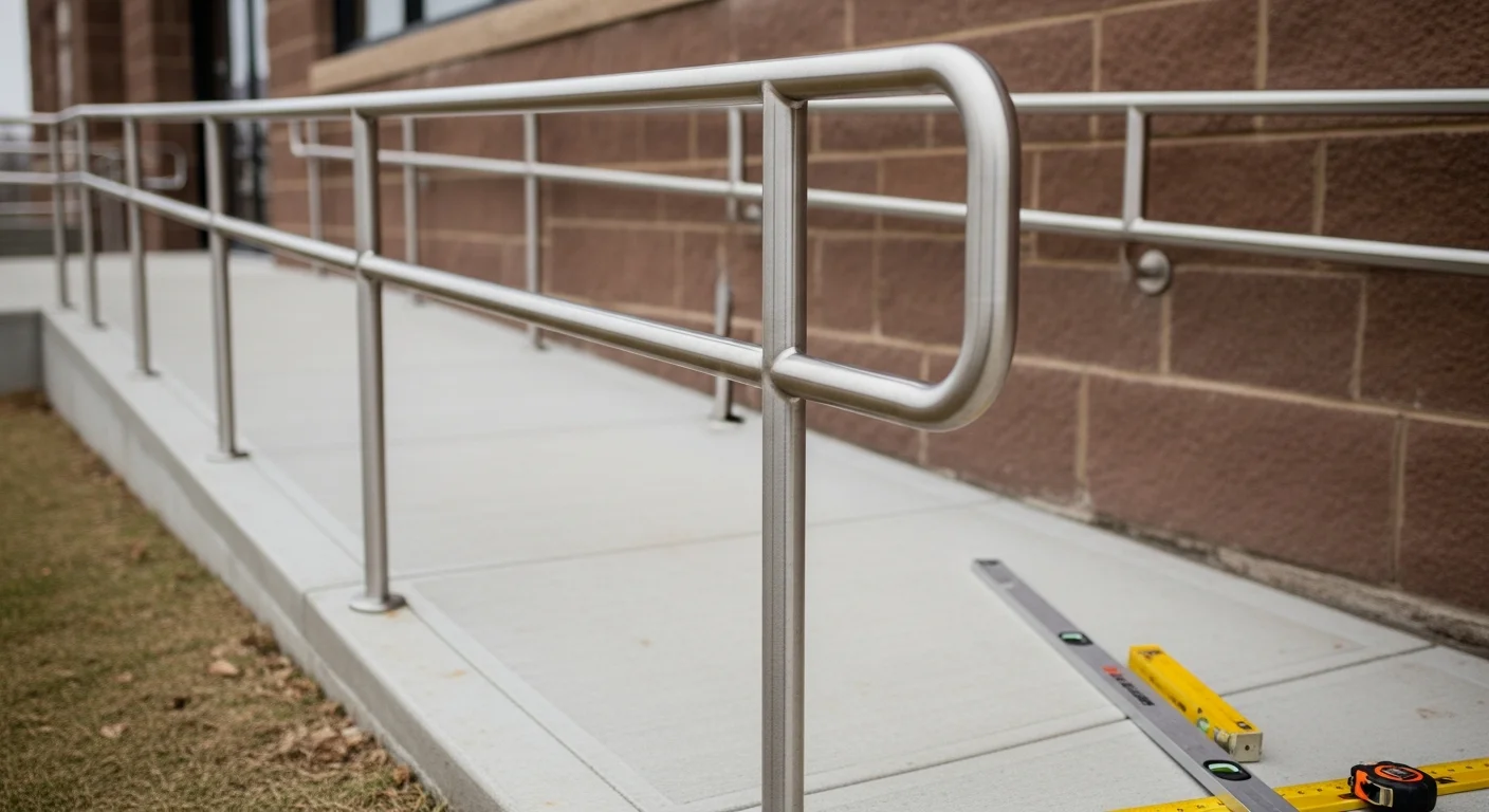 ADA-compliant metal handrail installed on concrete exterior steps at a commercial property in Lincoln, Nebraska. The railing runs continuously from the top landing to the bottom step with corrosion-resistant hardware anchored into the concrete base.