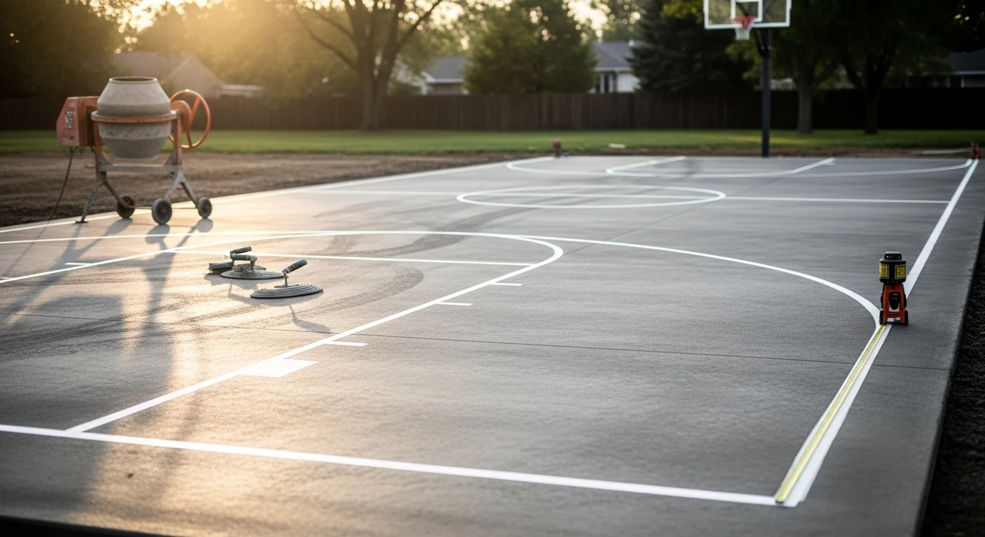 A freshly poured concrete basketball court with painted boundary and key lines on a residential property in Lincoln, Nebraska. The flat, reinforced surface sits in a backyard with a mounted hoop at regulation height.