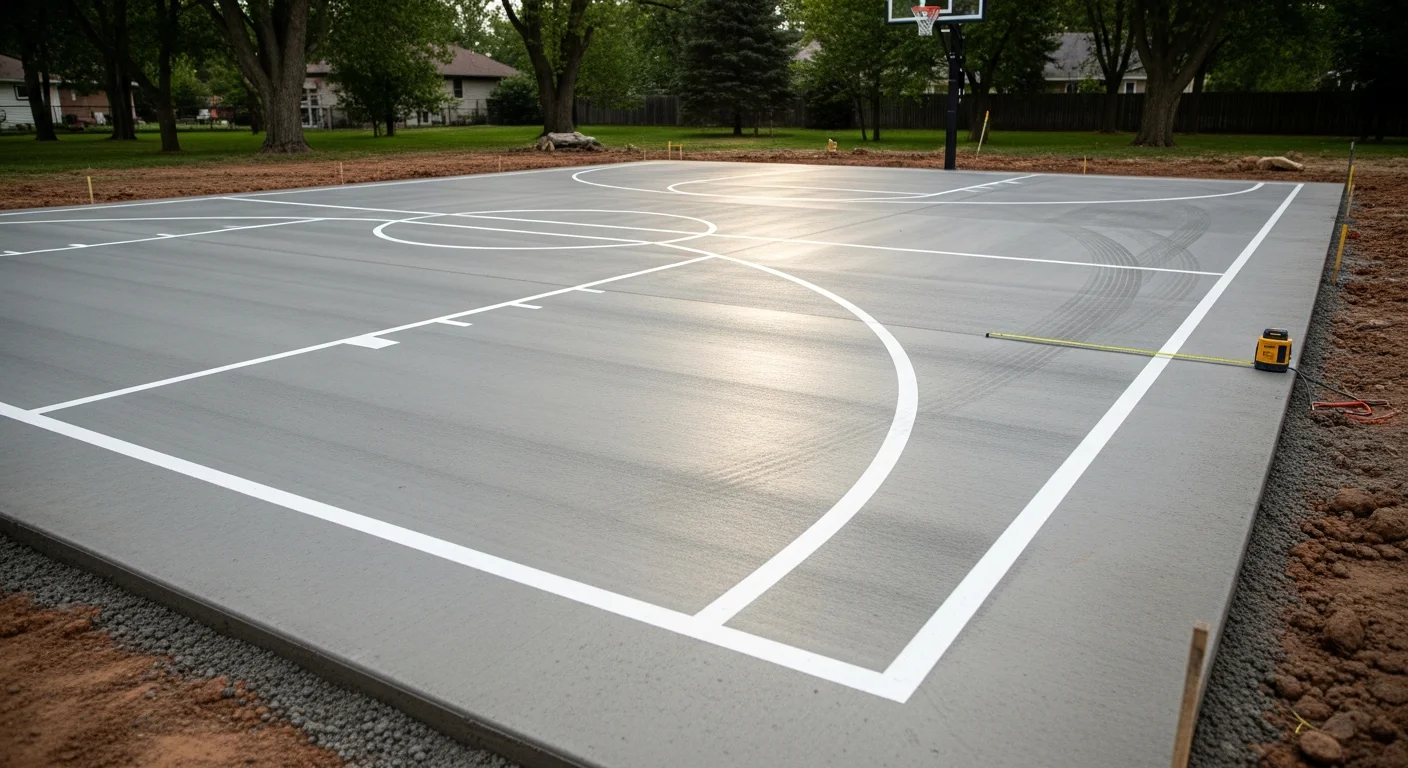 A freshly poured and line-marked concrete basketball court installed in a residential backyard in Lincoln, Nebraska. The flat, reinforced slab shows clean court boundaries ready for play.