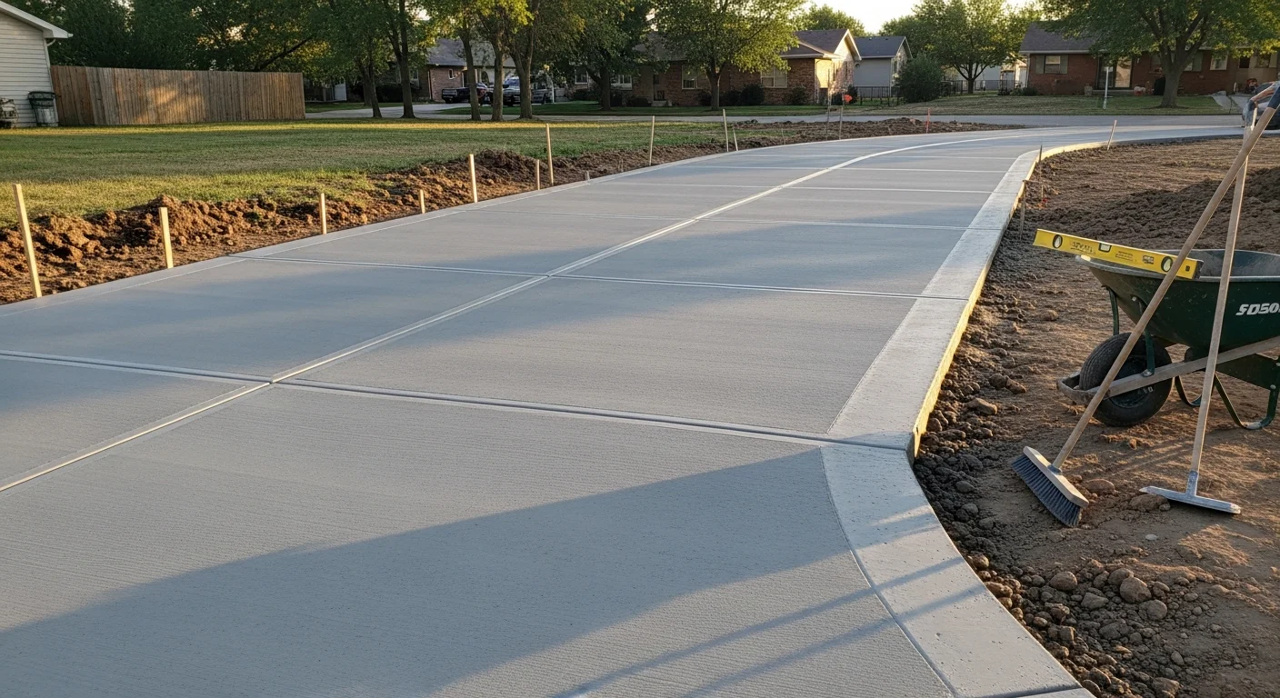 A freshly poured concrete driveway in front of a residential home in Lincoln, Nebraska, showing a smooth broom finish with clean edges and visible control joints. The slab extends from the street to an attached garage on a typical Lincoln residential lot.