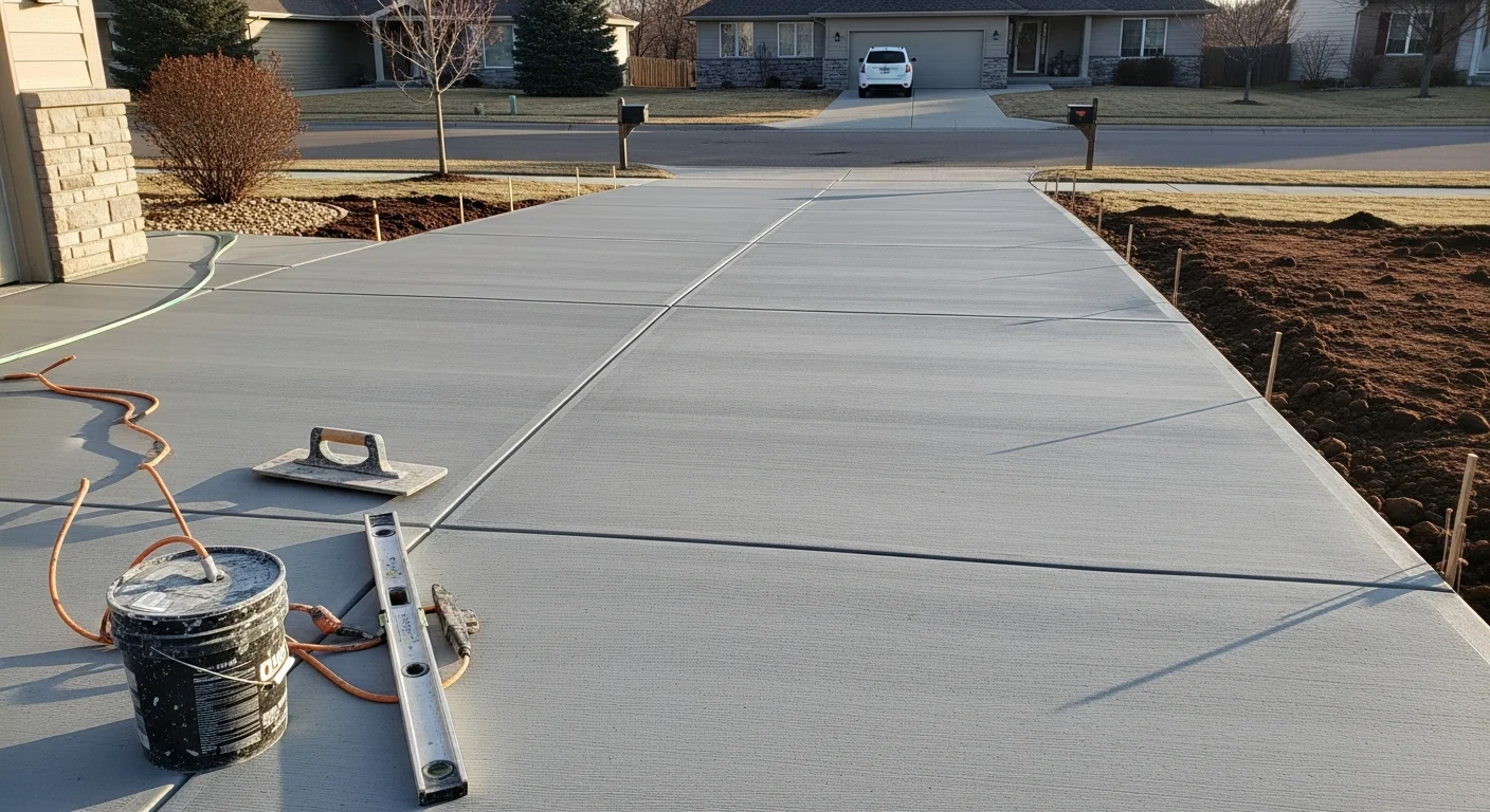 Freshly poured and broom-finished concrete driveway at a residential property in Lincoln, Nebraska, with clean slab edges and proper slope away from the garage. Wide-angle view showing the full driveway apron and adjacent sidewalk connection under a clear Midwest sky.