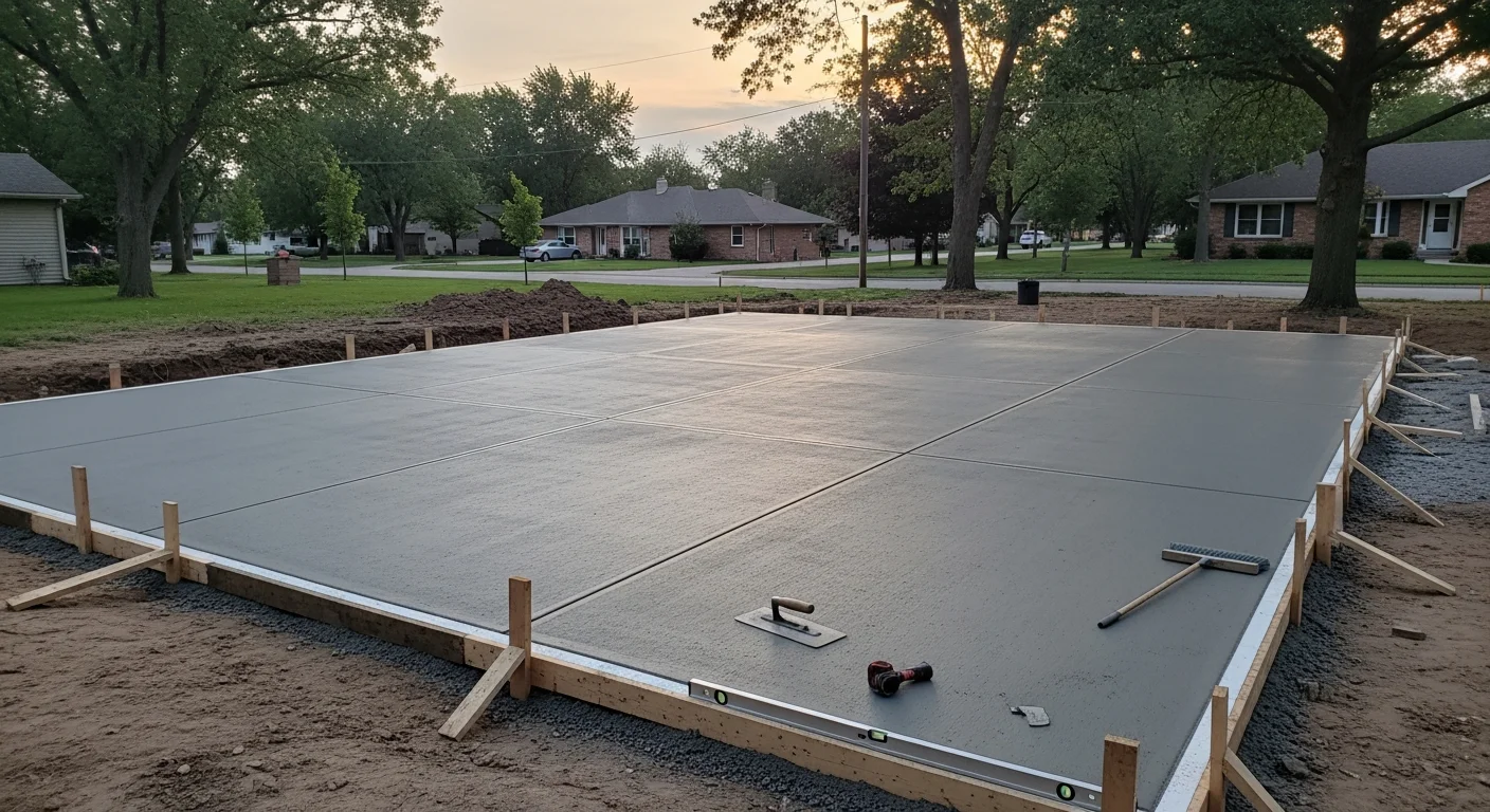A freshly poured and finished concrete garage pad at a residential property in Lincoln, Nebraska, with smooth surface texture and clean formed edges. The slab is sized for a two-car garage with visible control joint lines running across the surface.