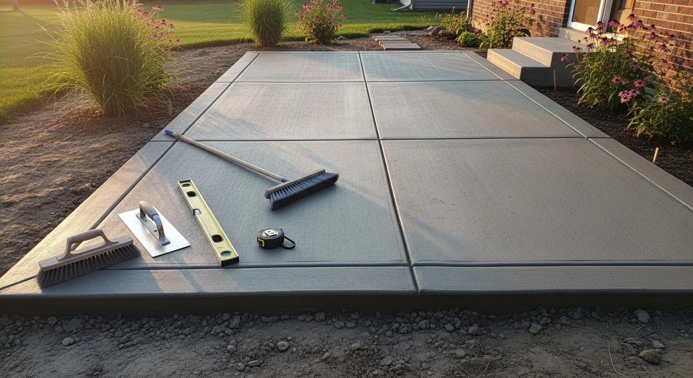 A freshly poured and finished concrete patio behind a Lincoln, Nebraska residential home, showing clean edges, a broom-textured surface, and proper slope away from the house foundation. The patio connects to a back door and extends into a landscaped backyard typical of Lancaster County neighborhoods.