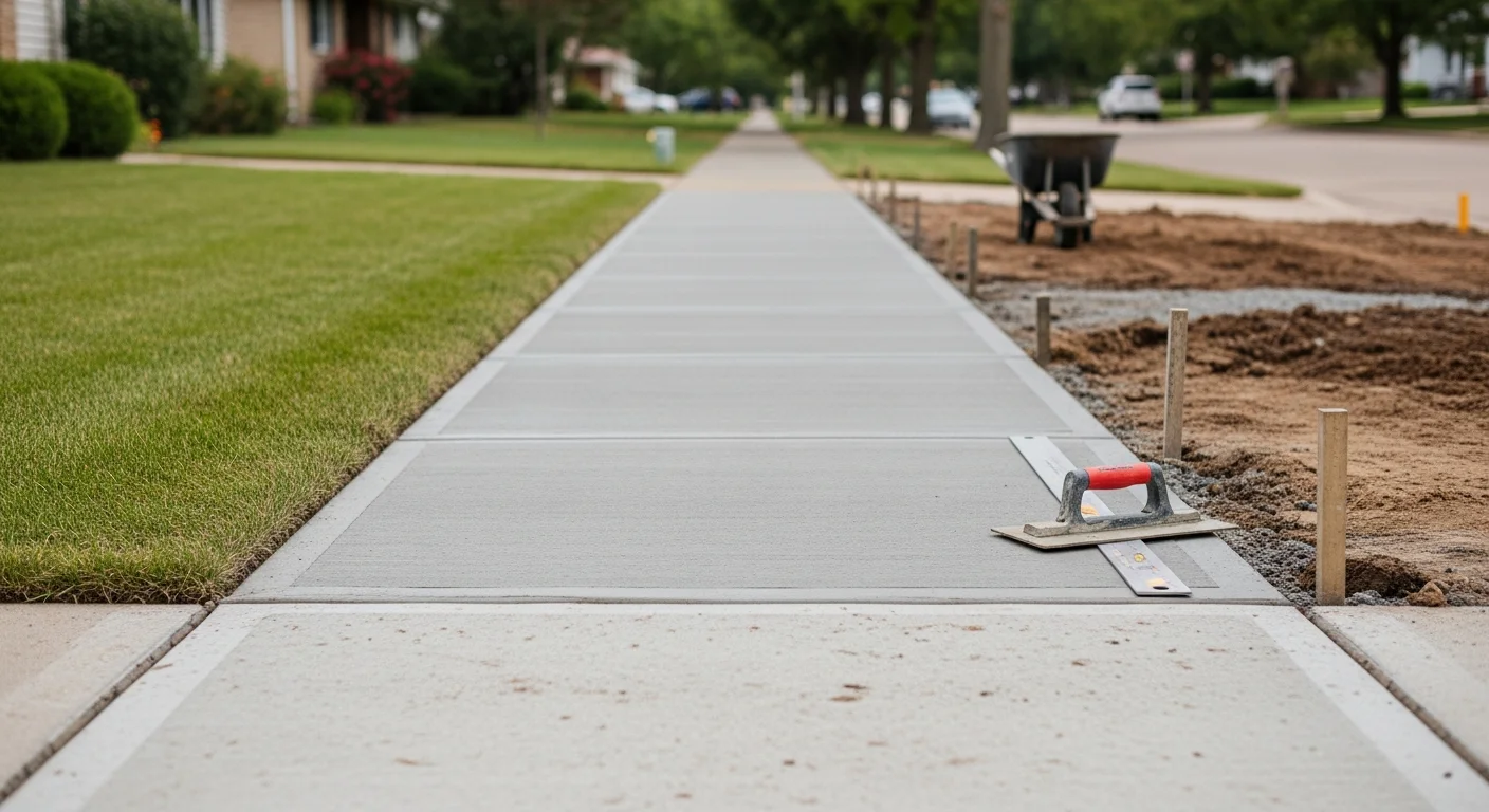 Freshly poured and finished concrete sidewalk panels in front of a residential property in Lincoln, Nebraska, with clean control joints and a smooth broom-finished surface. The walk runs parallel to the street with a slight cross-slope for drainage.