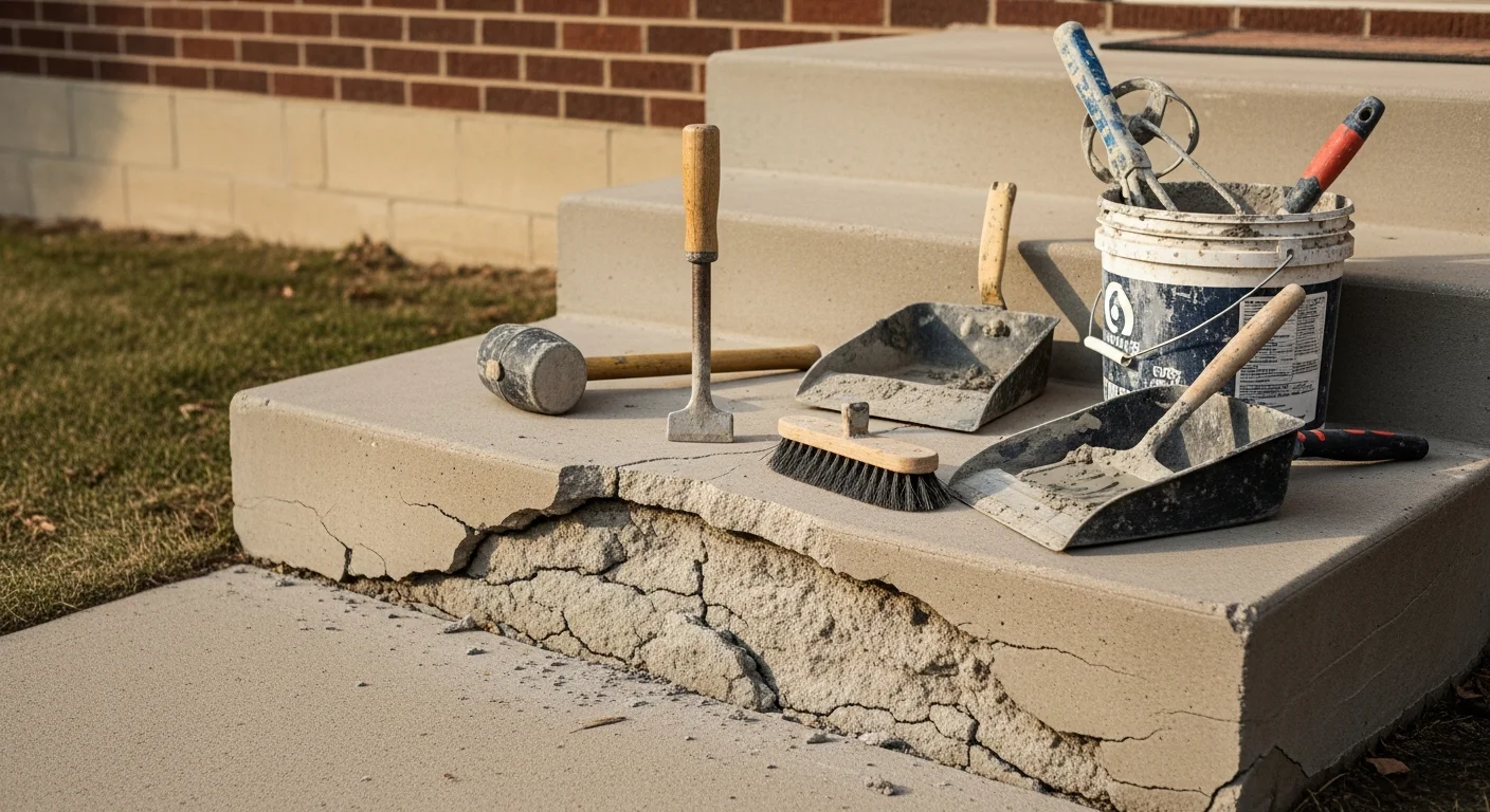 Repaired concrete front entry steps on a Lincoln, Nebraska home, showing clean edges and a smooth surface free of cracks and spalling. Close-up view of the finished masonry work at the base of a residential entryway.