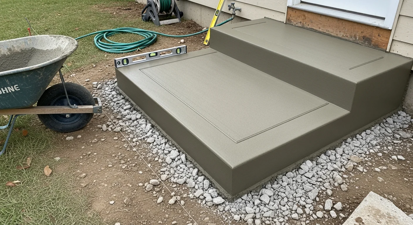 Newly poured concrete front entry steps at a Lincoln, Nebraska residential home, showing broom-textured treads and clean formed edges. The steps connect a raised front porch to a concrete walkway with a slight drainage slope on each tread.