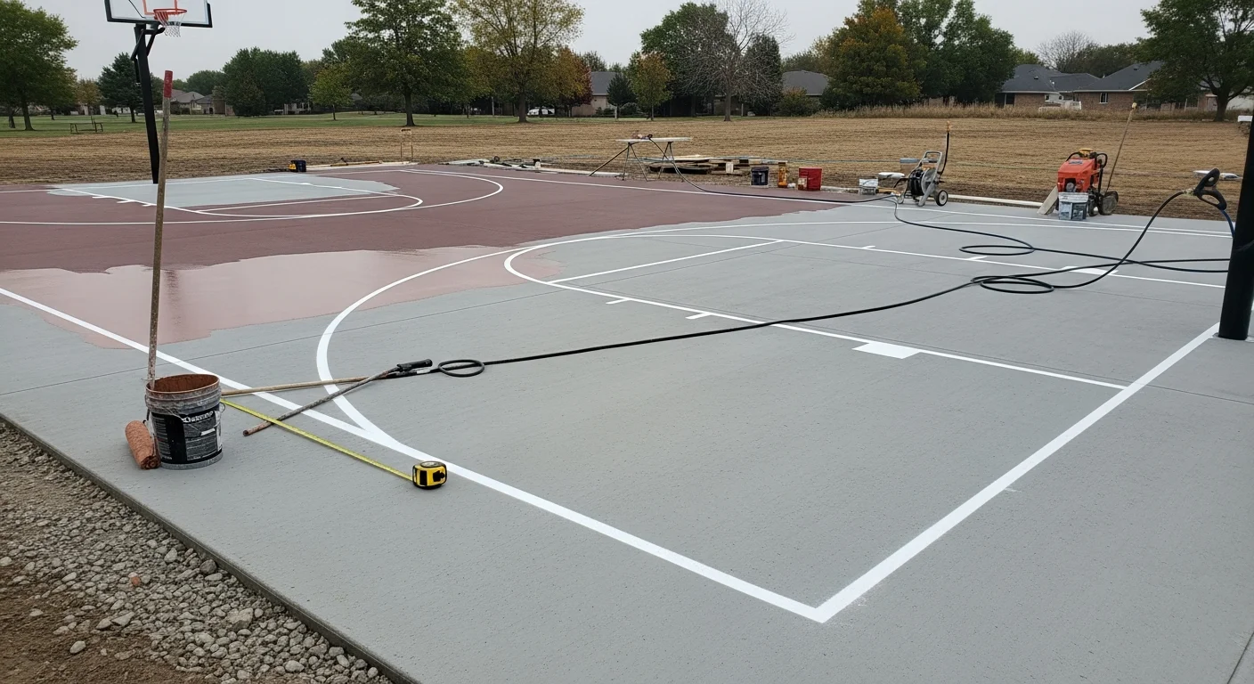 Freshly finished outdoor sports court in Lincoln, Nebraska with bright color coating and crisp basketball and pickleball line markings on a concrete slab. Court surface shows even texture and clear boundary lines under open Nebraska sky.