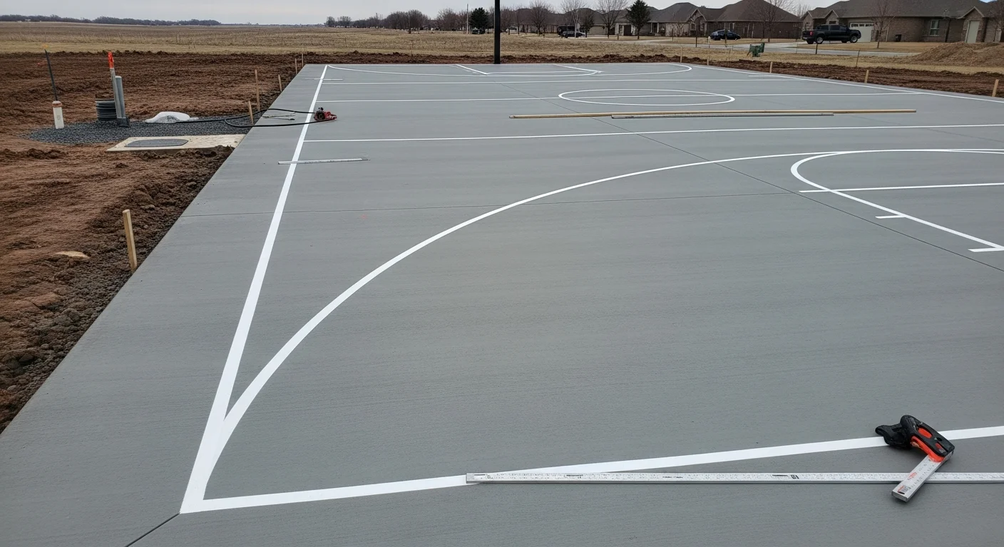 A freshly constructed full concrete sports court in Lincoln, Nebraska, with crisp painted line markings on a flat, finished slab. The court is set on a graded residential lot with clear court boundaries visible under open sky.