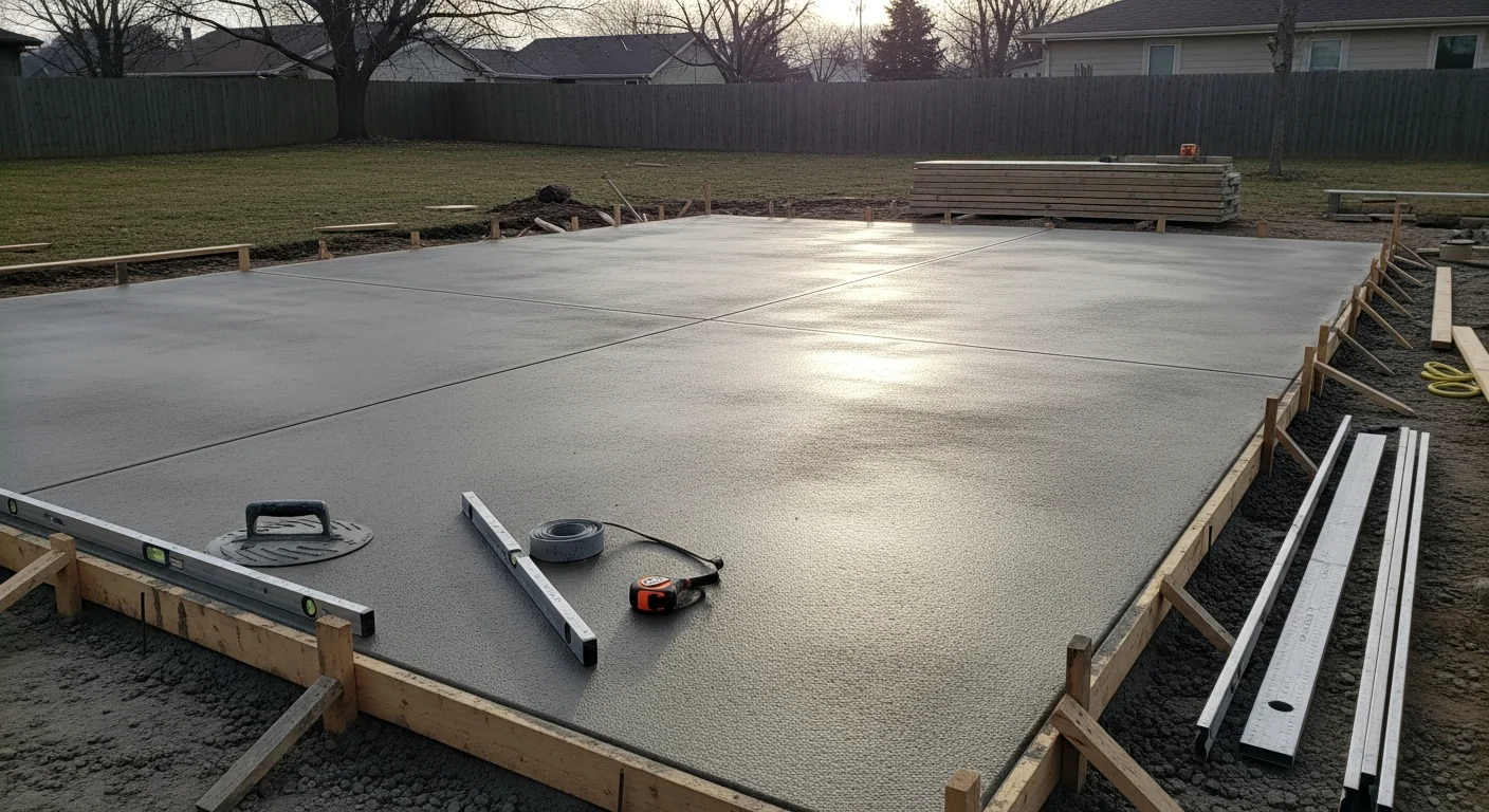A freshly poured concrete half court with painted boundary and key lines in a residential backyard in Lincoln, Nebraska. The surface shows a broom-textured finish with a basketball hoop installed at the baseline end.