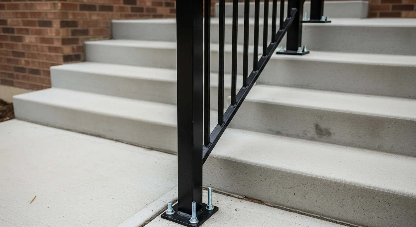 A newly installed metal hand railing anchored into concrete front steps at a residential property in Lincoln, Nebraska. The railing runs the full length of the stairway with straight posts set flush to the concrete surface.