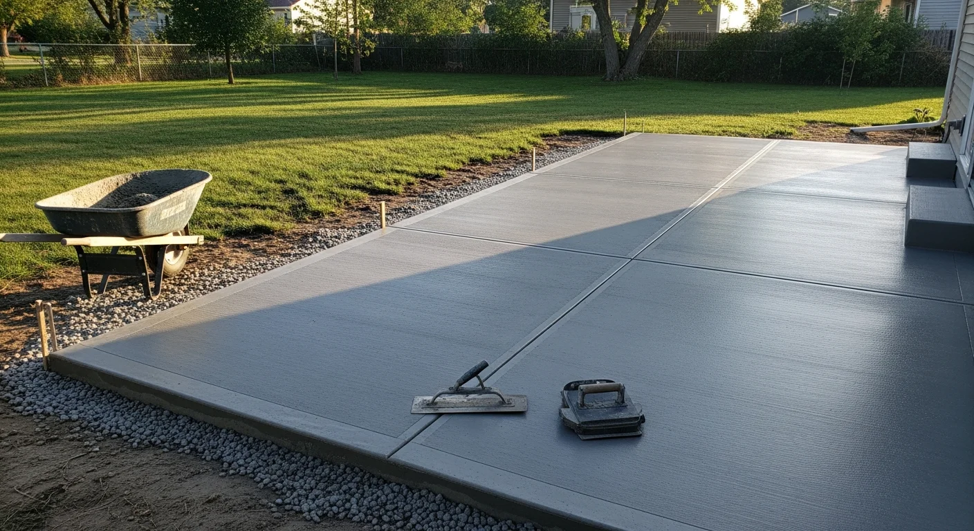 A freshly installed concrete patio behind a residential home in Lincoln, Nebraska, with a smooth finish, clean edges, and proper slope away from the house. The slab extends across a backyard lawn area with a clear view of the surrounding landscape.