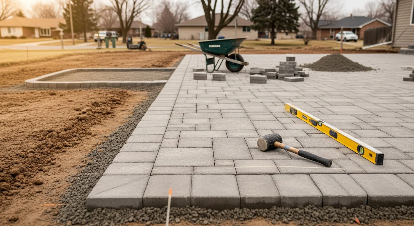 Freshly installed interlocking concrete paver patio in a Lincoln, Nebraska backyard, showing a level surface with clean joint lines and a compacted aggregate base edge visible at the border. The surrounding yard shows Nebraska residential landscaping with a residential home in the background.