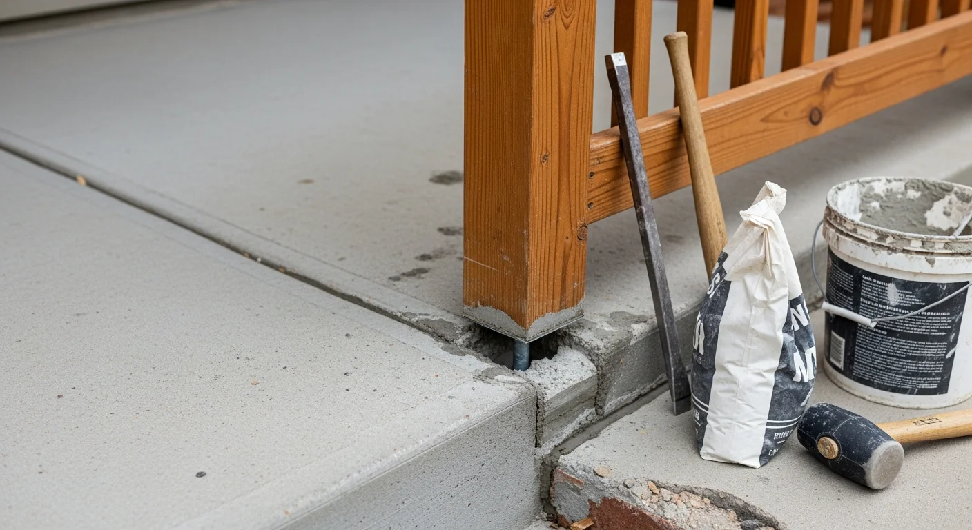 A repaired metal porch railing firmly anchored to a concrete step at a residential property in Lincoln, Nebraska. The surrounding concrete base shows clean, solid repair work with no visible cracking or separation at the anchor points.