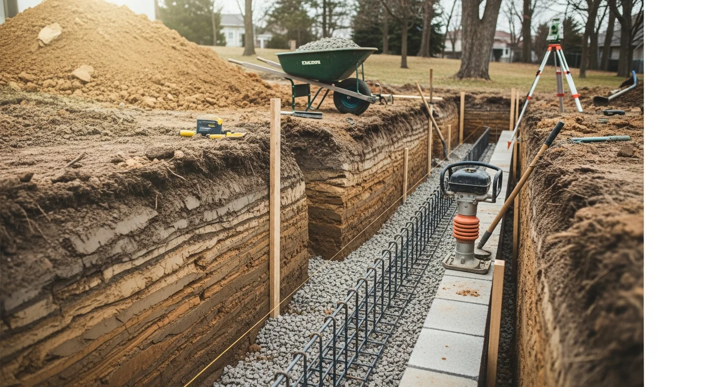 A newly constructed concrete block retaining wall holding back a sloped backyard in Lincoln, Nebraska, with compacted gravel visible behind the base course and a level lawn area created above the wall.