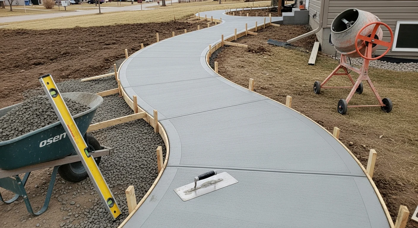 Freshly poured concrete walkway leading from a residential driveway to a front entry door on a Lincoln, Nebraska property. The broom-finished surface is level and edged cleanly against a green lawn.